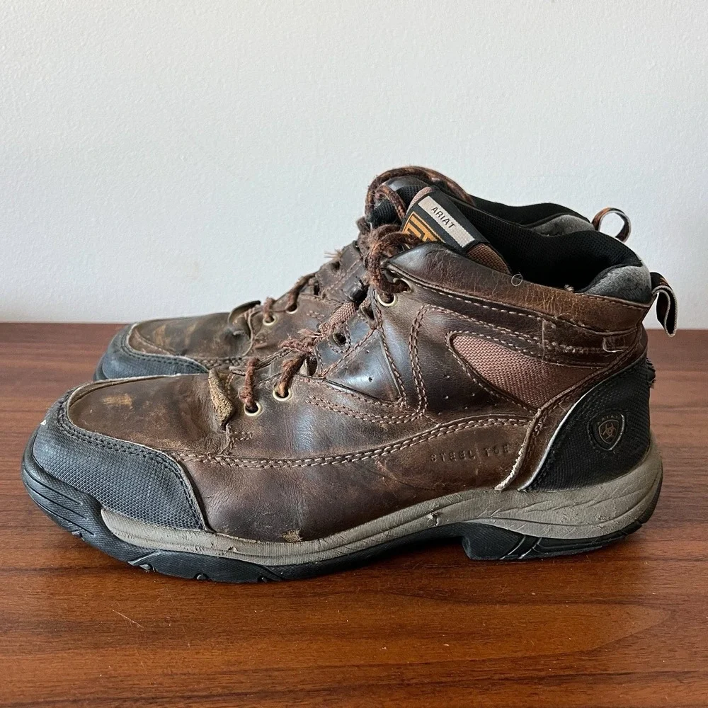 Ariat Steel Toe Work Boots Brown Leather Lace Up Men's Safety Boots Size 10.5